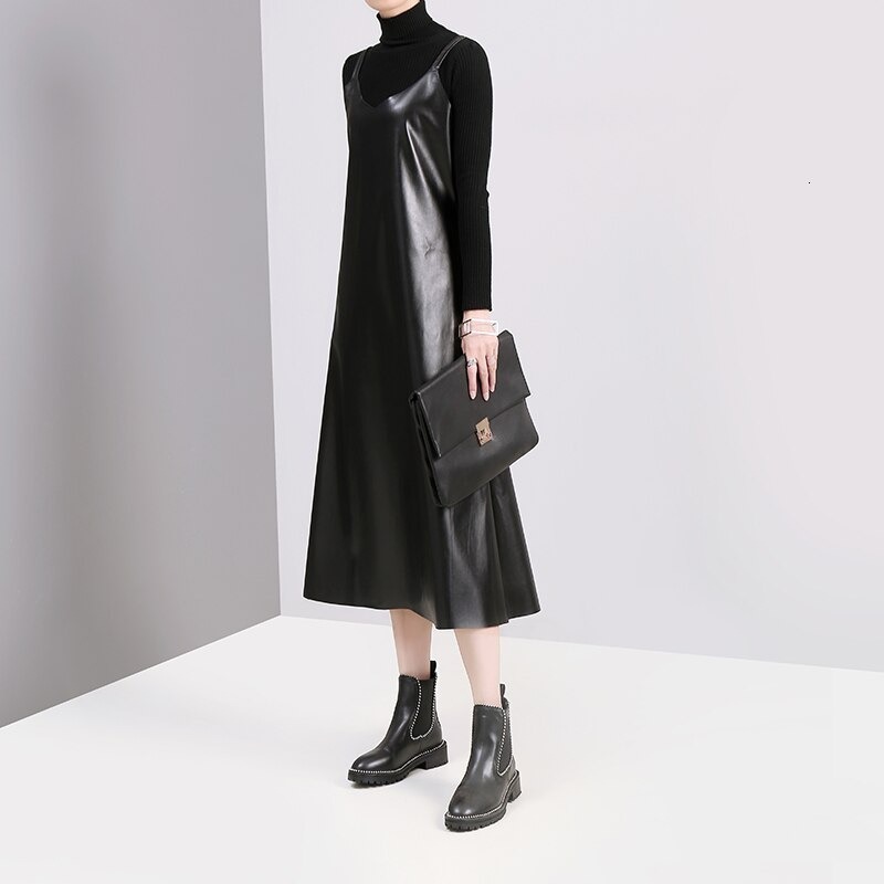 フェイクレザー キャミソールワンピース　ノースリーブ　ルーズフィット lhb052