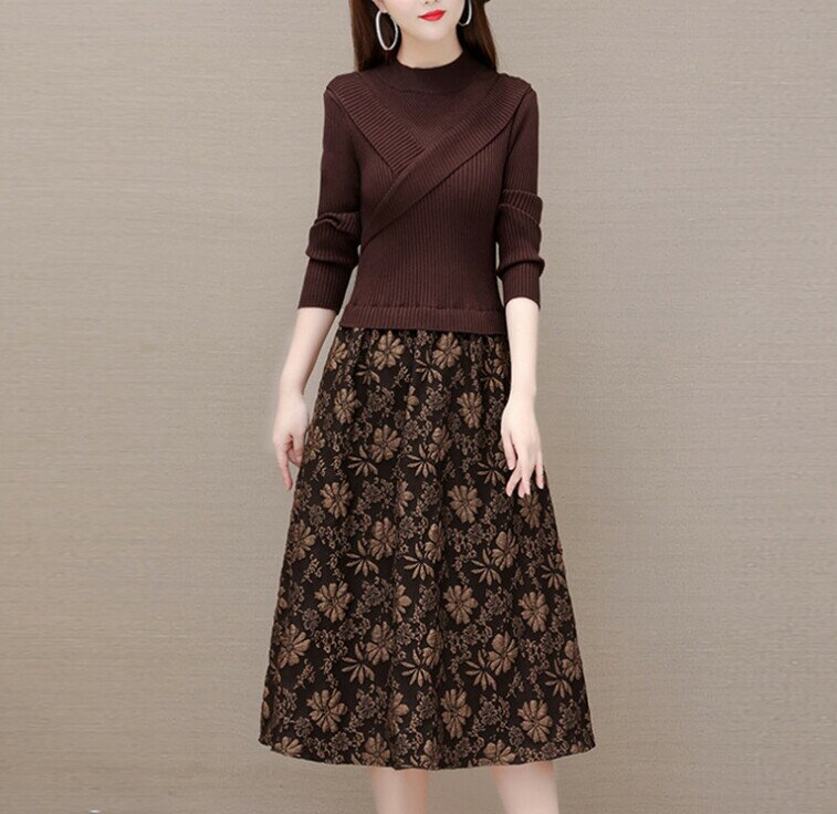 樂天商城 - レディース ワンピース 長袖 ニット切り替え 花柄スカート ロング丈 きれいめ 上品 体型カバー 秋冬 大人女子 フォーマル 通勤 結婚式 二次会 コーヒー ブラック Fサイズ おしゃれ 20代 30代 40代 50代
