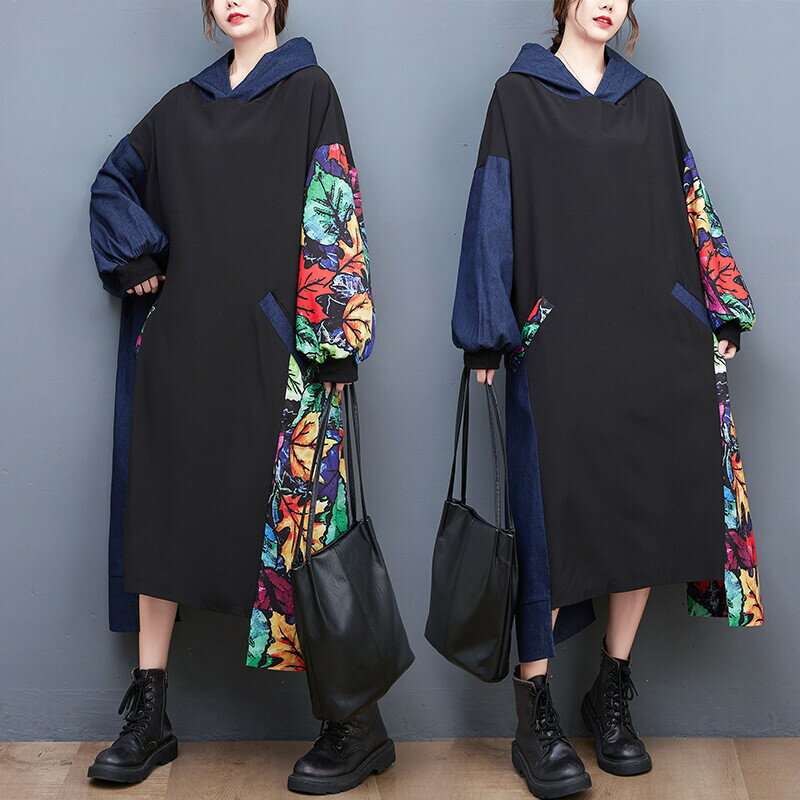樂天商城 - ワンピース 長袖 ゆったり フード付き 花柄 レディース bq1619