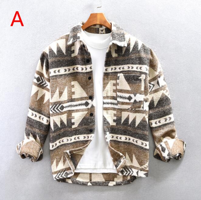 Rakuten - ☆新品秋冬 オルテガ柄シャツ メンズ シャツジャケット ウール混 厚手 カジュアルシャツ ネルシャツ 幾何学 お洒落 M~4XL bq1558