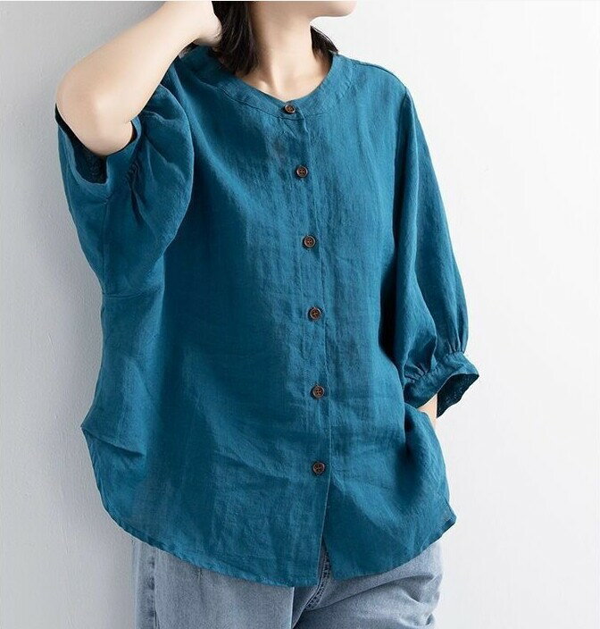 3-Quarter Sleeves - シャツ 五分袖 無地 ゆったり 快適 コットンリネン ラウンドネック レディース ファッション bq1311