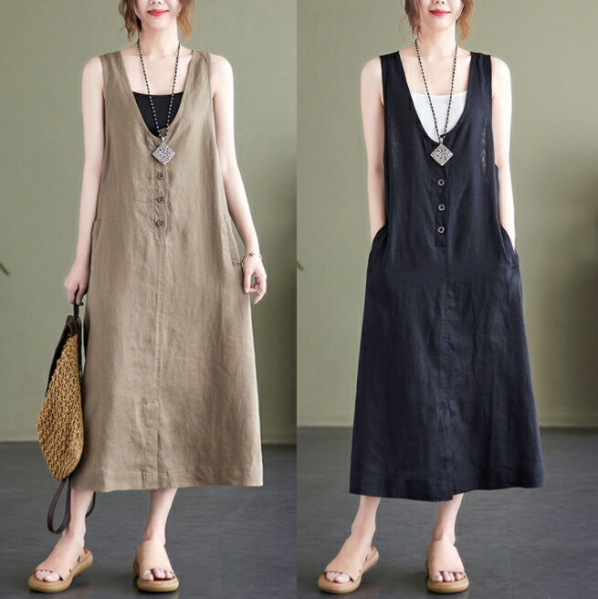 ワンピース ノースリーブ 綿麻 Vネック ゆったり 無地 快適 レディースファッション bq1733