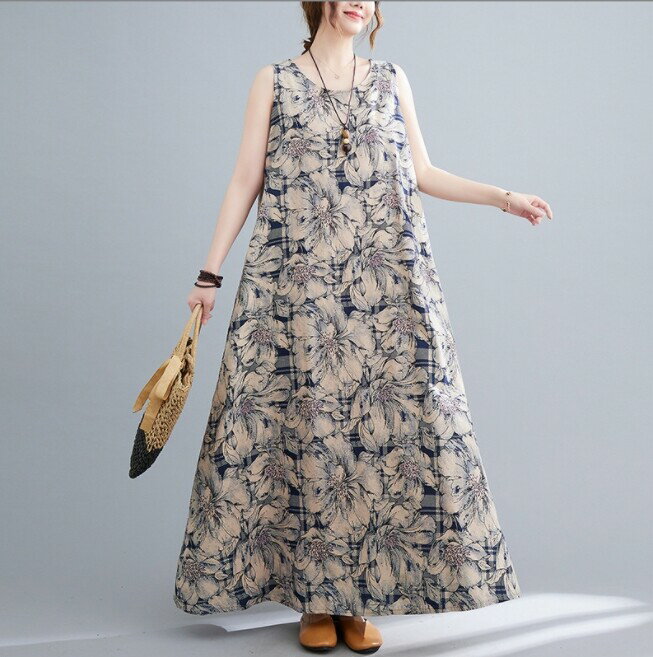 Rakuten - ワンピース ノースリーブ ラウンドネック 夏 花柄 ゆったり コットンリネン 快適 bq1786
