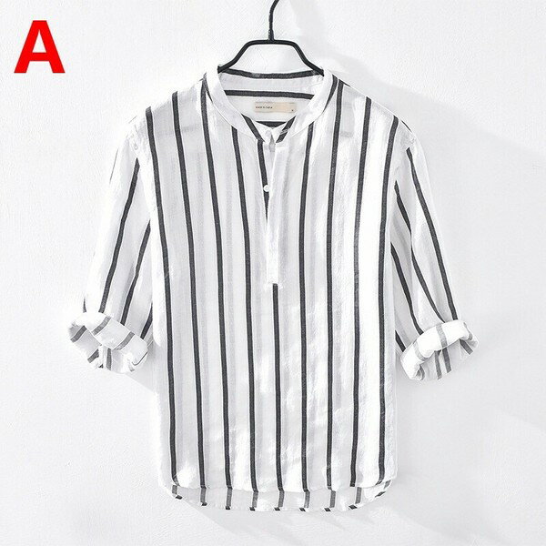 樂天商城 - シャツ 七分袖 リネンシャツ 半袖シャツ メンズ 亜麻 Tシャツ ストライプ柄 夏 サマー 麻シャツ 立襟 心地良し スリム 白系M~3XL bq1798