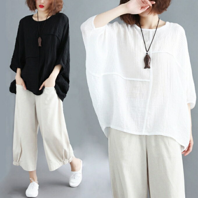 新品☆夏 ブラウス レディース 七分袖 カットソー チュニック クルーネック ドルマン トップス 薄手 無地 bq1803