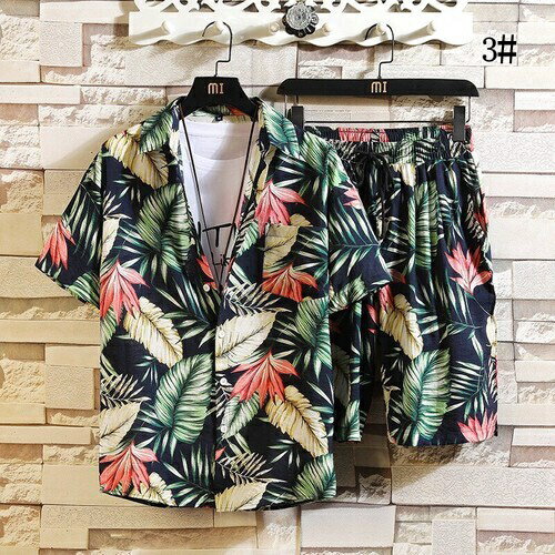 メンズ プリント柄 半袖 シャツ+ショートパンツ 2点セット bq1206