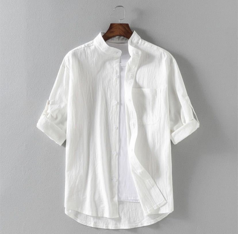 シャツ メンズ カジュアルシャツ　五分袖　無地　立ち襟　スタンドカラー　モテシャツ 通勤 夏　薄手 M-5XL bq915
