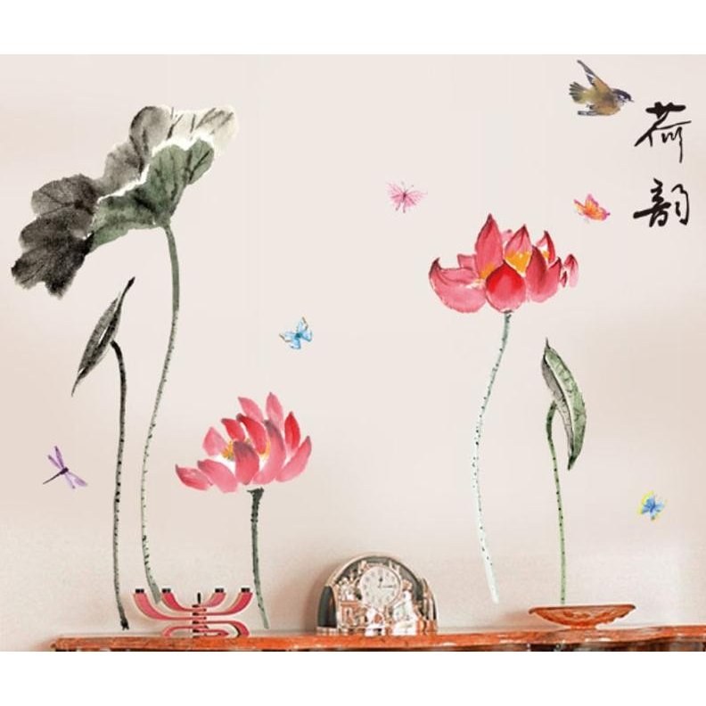 Rakuten - 和柄 水墨画調 蓮の花 ロータス デカール ウォールステッカー インテリアステッカー はがせるシール