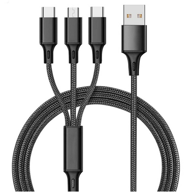 充電 ケーブル 2.4A ケーブル 3in1 iPhone用 micro USB Android用 Type-C 急速充電ケーブル 高耐久ナイロン モバイルバッテリー 充電器 USBケーブル iPhone メール便送料無料