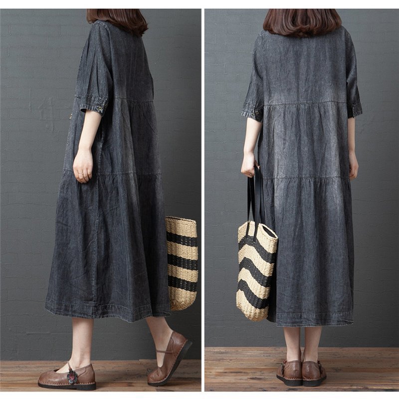 デニムワンピース シャツ vネック 夏服 ワンピース ロングワンピース デニムワンピース 夏 レディース シャツワンピース