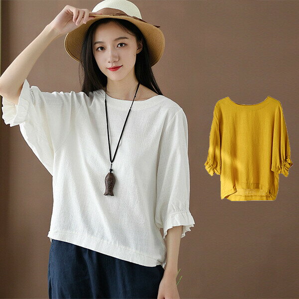 Tシャツ　無地　リネン素材　uネック　ゆったり　シャツ 女性 トップス