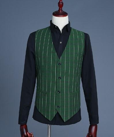 新品 メンズ イギリス風 細身 3点セットアップ チェック柄 紳士 スーツ ビジネススーツ ストライプ グリーン