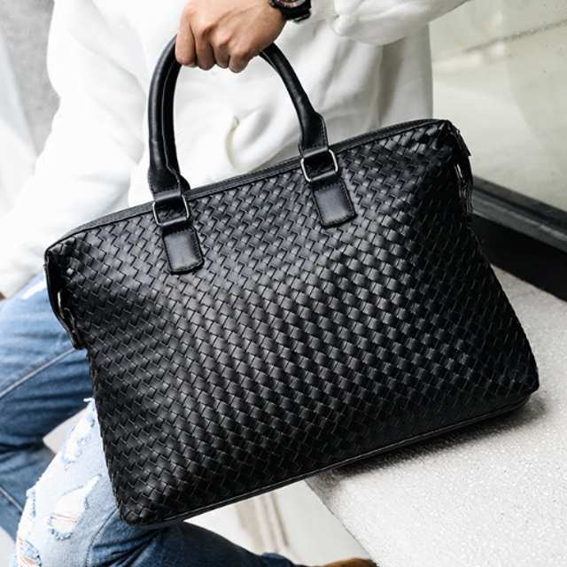 編み込み風 ビジネスバッグ メンズ PUレザー ブリーフケース 大容量 A4対応 2WAY ショルダー付き 通勤バッグ ブラック 自立型 ファスナー 多収納 軽量 就活 出張 営業 カバン