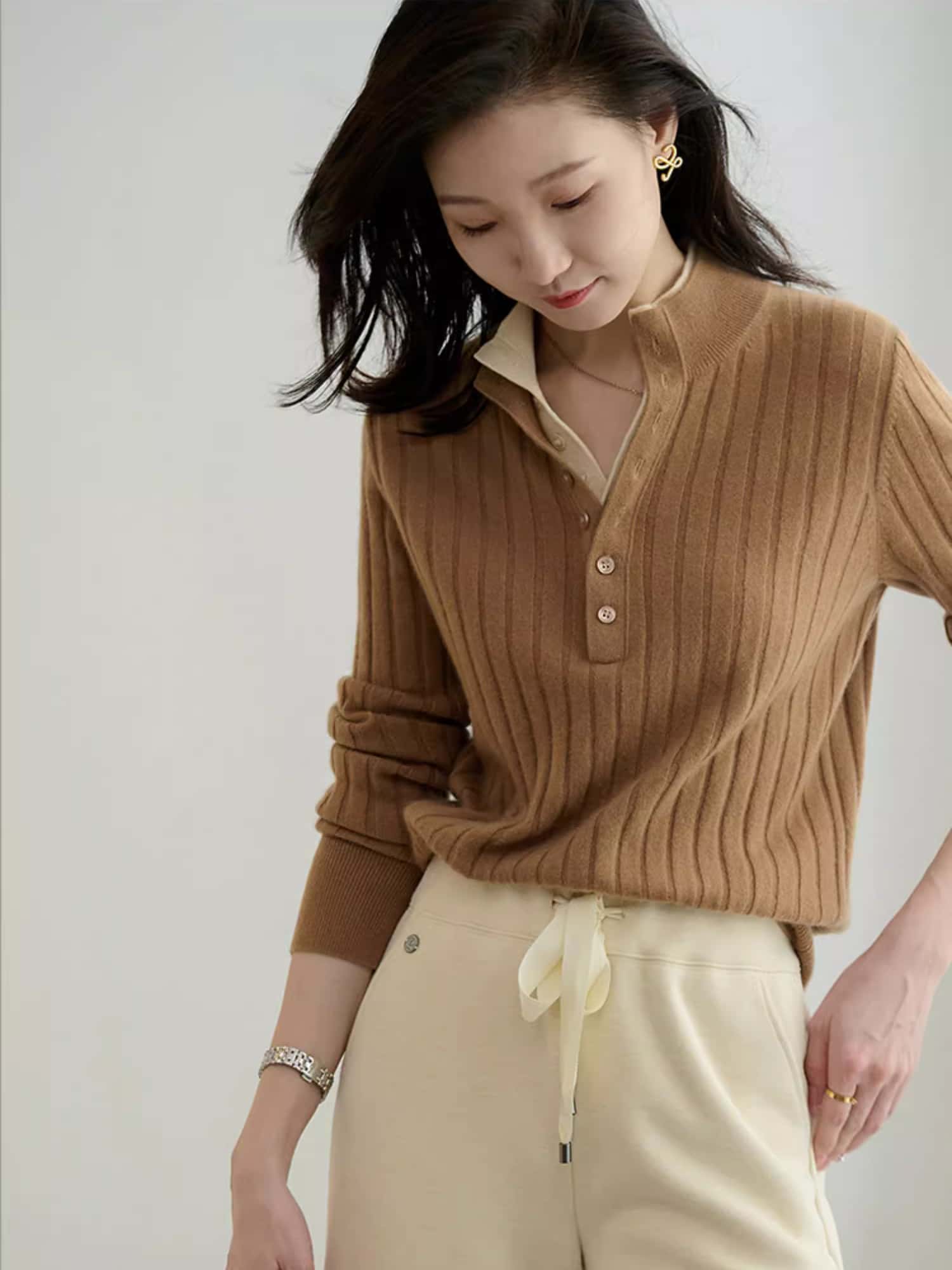 【100％オーストラリア産ラムウール】レディース ヘンリーネック リブセーター 長袖 カジュアル クラシカル 秋冬対応 コーヒー色 M-XL 【LPIUTY】