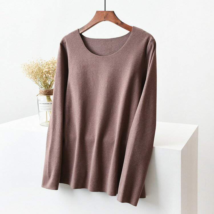 乐天商城 - レディース トップス 秋冬 クールネックカットソー 無地 インナー カットソー ニット プルオーバー Tシャツ 長袖 保温 発熱 ヒート HOT 暖かい 6色M/L/XL/2XL 上品 フェミニン 着痩せ ストレッチ素材 シンプルメール便送料無料