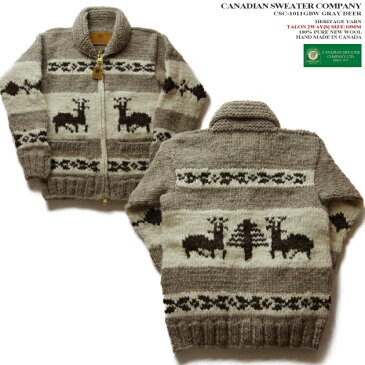 カウチンセーター(カウチンジャケット)|Canadian Sweater Company( カナディアンセーター カンパニー )・カナダ製|CSC-1011 DEER(ディア)|グレイ|メンズ|ウール100%(ヘリテージヤーン)|フルオープン|ジップアップ(two-way Zipper)|長袖【2XLサイズ】