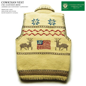 カナディアンセーター｜カウチンセーター（ベスト）｜カナディアン セーター カンパニー｜カナダ製｜AMERICAN COUNTRY TAPESTRY VEST（アメリカン カントリー タペストリー）｜ナチュラル｜メンズ｜ウール100％｜フルオープン｜ジップアップ｜ノースリーブ