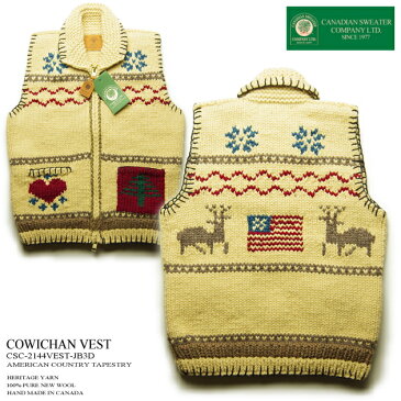 カナディアンセーター｜カウチンセーター（ベスト）｜カナディアン セーター カンパニー｜カナダ製｜AMERICAN COUNTRY TAPESTRY VEST（アメリカン カントリー タペストリー）｜ナチュラル｜メンズ｜ウール100％｜フルオープン｜ジップアップ｜ノースリーブ