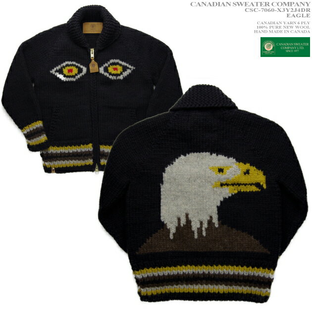 カナディアンセーター｜カウチンセーター（ジャケット）｜Canadian Sweater Company（カナディアン セーター カンパニー） カナダ製｜CSC-7060 EAGLE（イーグル）白頭鷲｜チャコール｜メンズ｜ウール100％｜YARN 6 PLY（6プライヤーン）｜フルオープン｜ジップアップ｜長袖