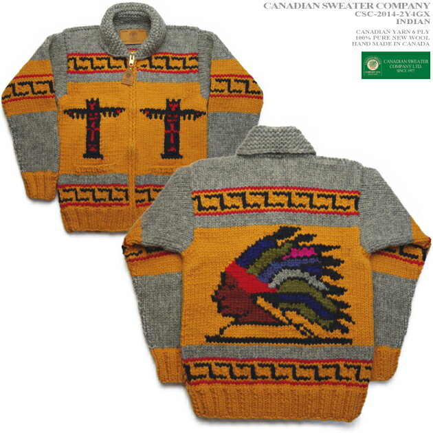 カナディアンセーター｜カウチンセーター（ジャケット）｜Canadian Sweater Company（カナディアン セーター カンパニー）｜カナダ製｜CSC-2014 INDIAN（インディアン）｜イエロー｜メンズ｜ウール100％｜6プライヤーン｜フルオープン｜ジップアップ｜長袖