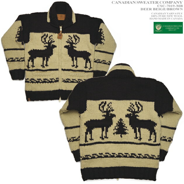 カナディアンセーター｜カウチンセーター（ジャケット）｜Canadian Sweater Company（カナディアン セーター カンパニー）｜カナダ製｜CSC-7019MB DEER（大角鹿/トナカイ）｜ベージュ/ブラウン｜メンズ｜ウール100％｜6プライヤーン｜フルオープン｜ジップアップ｜長袖