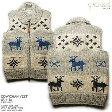 カウチンベスト（カウチンセーター）｜granted（グランテッド）・カナダ製｜GR-115a Winter Deer Vest（ウインター・ディア・ベスト）｜シープス・グレイ｜メンズ｜ウール100％｜フルオープン｜YKK製ジップアップ｜木製ラベルの引き手｜カウチンニット｜ノースリーブ