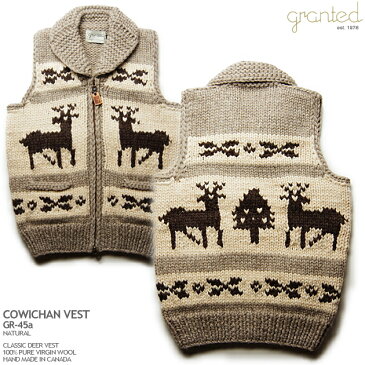 カウチンベスト(カウチンセーター)|granted(グランテッド)・カナダ製|GR-45a Classic Deer Vest(クラシック・ディア・ベスト)|ナチュラル|メンズ|ウール100%|フルオープン|YKK製ジップアップ|木製ラベルの引き手|カウチンニット|ノースリーブ