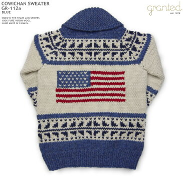 カウチンセーター｜granted（グランテッド）｜カナダ製｜GR-journal US FLAG KNIT（USフラッグ）｜SNOW & THE STARS AND STRIPES（スノー＆星条旗）｜メンズ｜ウール100％｜フルオープン｜YKK製ジップアップ｜木製ラベルの引き手｜カウチンニット｜長袖【Mサイズ】