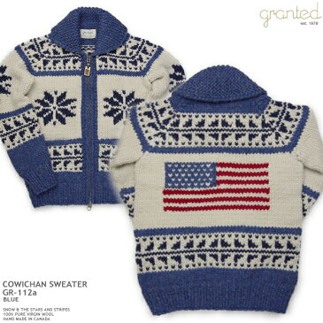 カウチンセーター｜granted（グランテッド）｜カナダ製｜GR-journal US FLAG KNIT（USフラッグ ニット）｜SNOW & THE STARS AND STRIPES（スノー＆星条旗）｜メンズ｜ウール100％｜フルオープン｜YKK製ジップアップ｜木製ラベルの引き手｜カウチンニット｜長袖