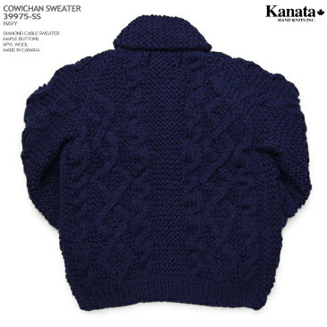 カウチンセーター（カウチンジャケット）｜KANATA社（カナタ）・カナダ製｜KA39975 CABLE SWEATER（ケーブル・セーター）｜ネイビー｜メンズ｜ウール100％（Wool100%）｜6PLY WOOL（6本撚り）｜フルオープン｜MAPLE BUTTON（メープルボタン）｜長袖