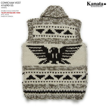 Kanata カウチンセーター（カウチンベスト）｜カナタ社・カナダ製｜KA41690 DOUBLE EAGLE VEST（ダブル・イーグル・ベスト）｜ホワイト｜メンズ｜ウール100％（Wool100%）｜6PLY WOOL（6本撚り）｜フルオープン｜TALON 2WAY[S]　TALON製ジップアップ（10mm）｜ノースリーブ