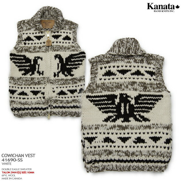 Kanata カウチンセーター（カウチンベスト）｜カナタ社・カナダ製｜KA41690 DOUBLE EAGLE VEST（ダブル・イーグル・ベスト）｜ホワイト｜メンズ｜ウール100％（Wool100%）｜6PLY WOOL（6本撚り）｜フルオープン｜TALON 2WAY[S]　TALON製ジップアップ（10mm）｜ノースリーブ