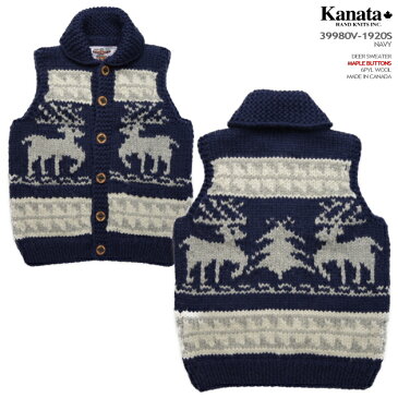 カウチンセーター（カウチンベスト）｜KANATA 社（カナタ）・カナダ製｜KA39980V DEER VEST（ディア ベスト）｜ネイビー｜メンズ｜ウール100％（Wool100%）｜6PLY WOOL（6本撚り）｜フルオープン｜ウッドボタン（メイプル柄）｜ノースリーブ