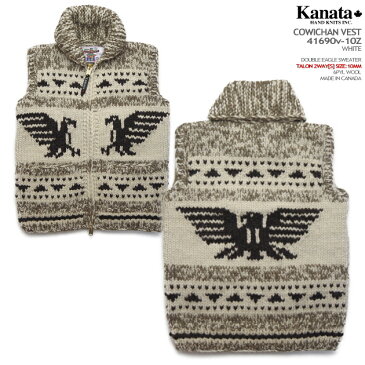 Kanata カウチンセーター（カウチンベスト）｜カナタ社・カナダ製｜KA41690 DOUBLE EAGLE VEST（ダブル・イーグル・ベスト）｜ホワイト｜メンズ｜ウール100％（Wool100%）｜6PLY WOOL（6本撚り）｜TALON 2WAY[S]　TALON製ジップアップ（10mm）｜ノースリーブ