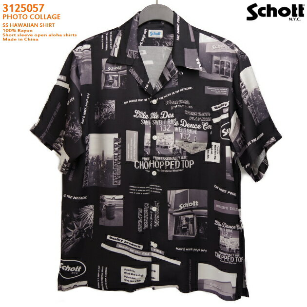 アロハシャツ｜ショット（SCHOTT）SCH3125057｜PHOTO COLLAGE HAWAIIAN SHIRT（フォトコラージュ）｜ブラック｜メンズ｜レーヨン100％｜開襟｜フルオープン｜半袖｜アロハタワー（アロハシャツ販売）｜ハワイアンシャツのサムネイル