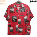 アロハシャツ｜ショット（SCHOTT）SCH3125057｜PHOTO COLLAGE HAWAIIAN SHIRT（フォトコラージュ）｜ピンク（オレンジ）｜メンズ｜レーヨン100％｜開襟｜フルオープン｜半袖｜アロハタワー（アロハシャツ販売）｜ハワイアンシャツ