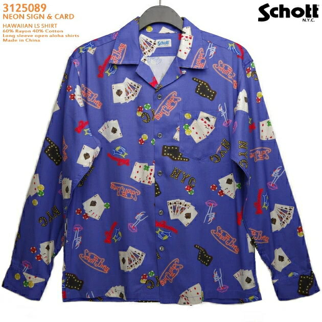 アロハシャツ｜ショット SCHOTT SCH3125089-LS｜NEON SIGN & CARD ネオンサイン ＆ カード ｜ブルー｜メンズ｜レーヨン60％ コットン40％｜開襟｜フルオープン｜長袖｜アロハタワー アロハシャ…