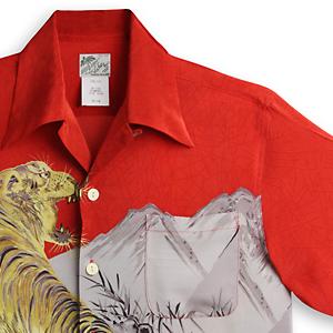 アロハシャツ　ララカイ（LALAKAI）｜マカナレイ（MAKANALEI）の姉妹ブランド｜HL-050虎・レッド｜メンズ｜縮緬（ちりめん）シルク｜薄手生地｜半袖｜アロハタワー Aloha Shirt LALAKAI