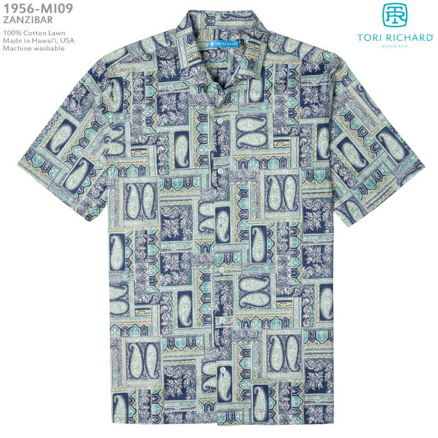 アロハシャツ｜トリリチャード（TORI RICHARD）｜tori-1956MI09 ZANZIBAR（ザンジバル）｜ネイビー｜メンズ｜コットン・ローン100％(Cotton100％)｜ノーマル襟(レギュラーカラー)｜スリムフィット(細めのスタイル)｜フルオープン｜半袖｜アロハタワー（アロハシャツ販売）