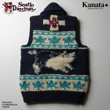 カウチンベスト（カウチンセーター）｜ステュディオ・ダ・ルチザン（STUDIO D'ARTISAN）SD4335 COWICHAN VEST｜メープル柄＆ダルチ豚｜ネイビー｜メンズ｜ウール100％｜KANATA社（カナタ）製｜別注カウチンセーター｜フルオープン｜ボタン｜ノースリーブ　10P03Sep16