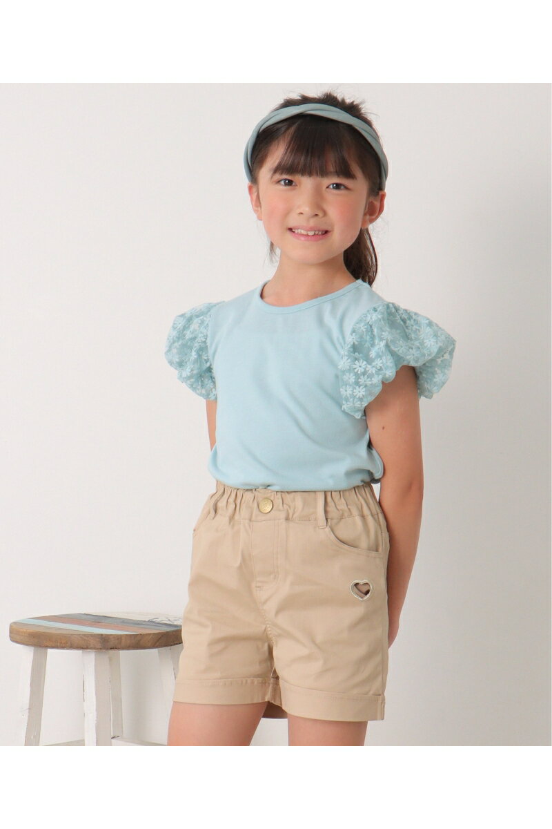 【ポイント10倍！ 6/4 20:00〜6/11 1:59まで】フラワー柄チュールパフスリーブTシャツ（120~160cm）| ikka イッカ 子供服 ジュニア 女の子 トップス フラワー刺繍 花柄 華やか 春夏 保育園 学校 柔らかい キュート フェミニン オフホワイト ミントグリーンのサムネイル