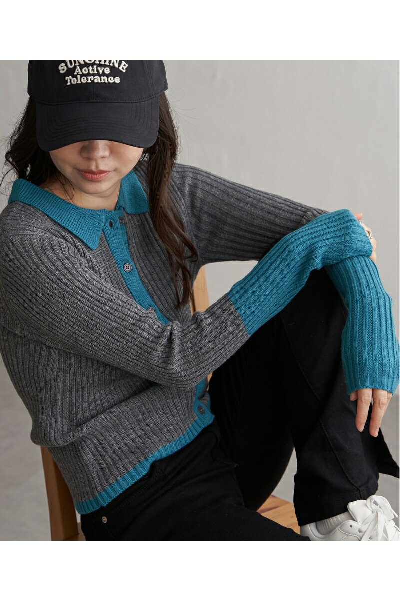 バルキー7G配色ポロカーディガンのサムネイル