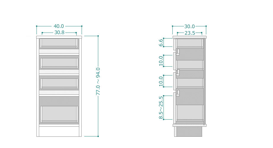 【マラソン期間中 P5倍！】 カウンター下収納 Tチェスト 幅40cm 奥行30cm 高さ60～103cm 薄型 完成品 サイズオーダー ロータイプ スリム 日本製 キッチン収納 食器棚 リビング収納 LASCO cozy-10003309 COZY ROOM サンプル画像3
