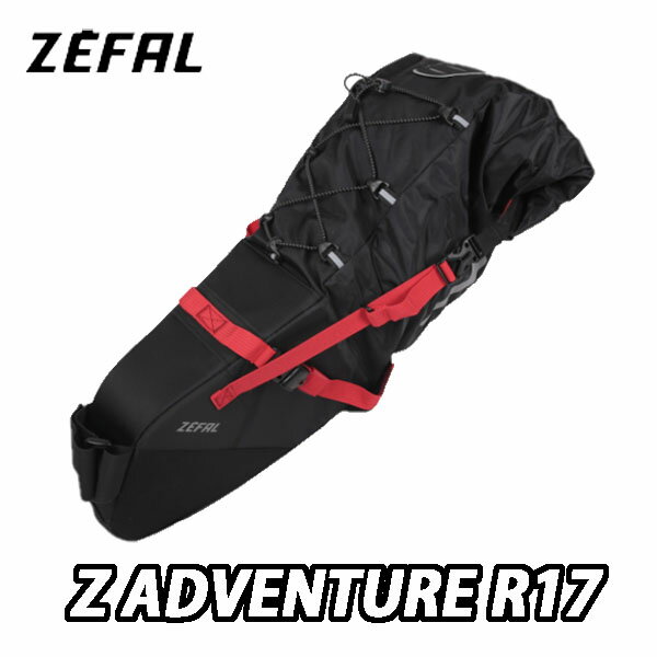 Z ADVENTURE R17 Z Adventure R17は、リアラックを必要とせずに大量の荷物を運ぶことができるサドルバッグです。耐久性のある粘着ストラップと底部に耐裂性素材を備え、サドルレールとシートポストに固定することで、自転車への重量配分を最適化します。8リットルから17リットルまで容量を調節できるこのバッグは、長距離を移動するサイクリストのために設計されています。反射ストリップとライト用アタッチメントループを備えたZ Adventure R17は、衣類などの軽量で大型の荷物の持ち運びに最適です。折りたたみ式の開閉部と、内側に熱シール加工を施した防水生地により、ツーリングに必要なすべての装備を安全に運ぶことができます。 耐久性 取り付け箇所に補強材を使用し、擦れや裂けのリスクを回避します。 バンジーコード 上部にはバンジーコードを備え、小物をしっかりと固定しておくことができます。 大きな積載量 8〜17Lまで調節可能・耐荷重5kg 防水 ヒートシール防水素材 カラー ブラック＆レッド 素材 TPU 420D（+ポリエステル640D +ハイパロン） 取付方法 ユニバーサルなセルフグリップストラップを使用 サイズ 620x240x200mm 容量 17L 重量 620g