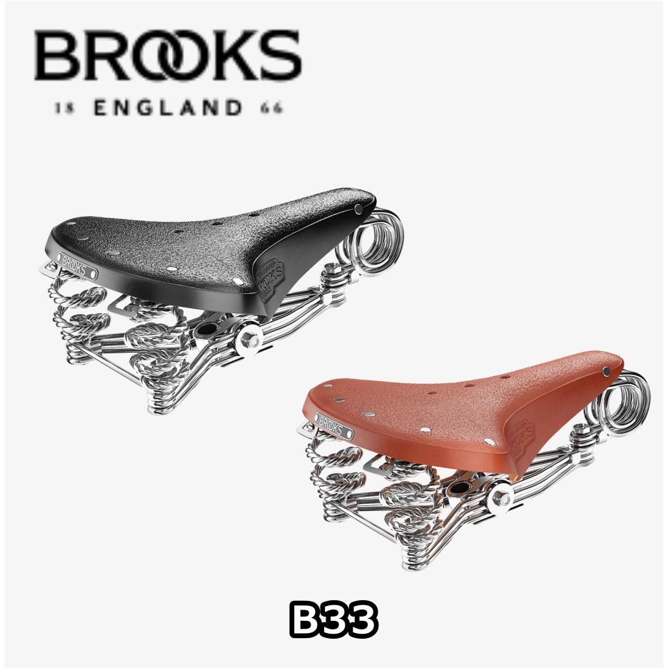 B33 SPEC ブランドBROOKS ブルックス 商品名B33 全長318mm 幅225mm 高さ110mm 重量1600g 1938年に設計された、アップライトなシティバイクにぴったりのモデル。 特徴的な3本ワイヤーフレームと大型スプリングで最良の乗りごこちを実現。 専用のやぐらと1本ピラーで使用します。