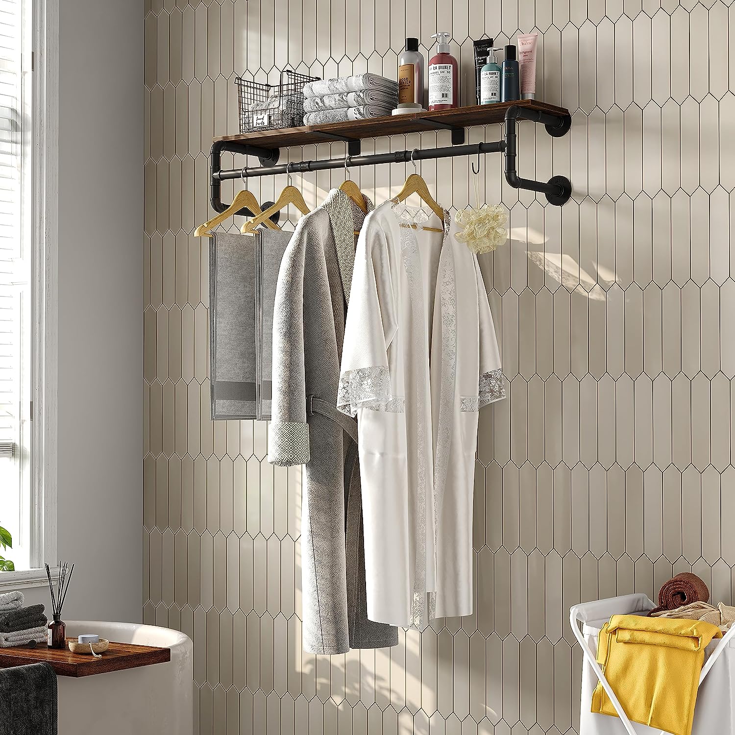 ハンギングバー 幅100cm 棚付き 壁付け ハンガーパイプ ウォールシェルフ ハンガーラック アイアン ハンガーバー ウォールハンガー おしゃれ アンティーク...