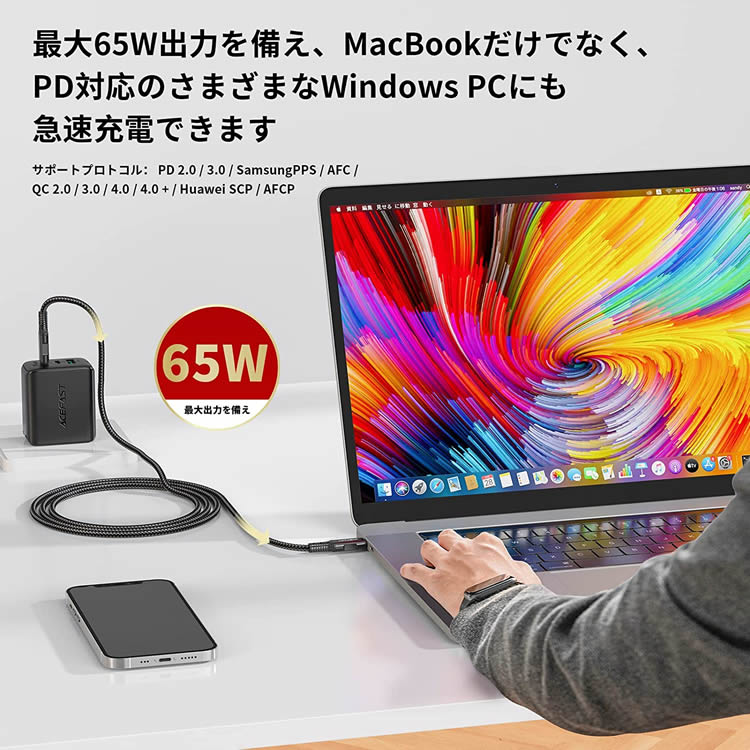 ACEFAST ac アダプター USB 充電器 acアダプター iPad MacBookPro iPhone13 Pro Max iPhone12 iPhone13 iPhone14 Galaxy Android スマートフォン ノートPC タブレット 急速充電器 AC充電器 USBアダプタ ケーブルセット PD 65w 急速充電器