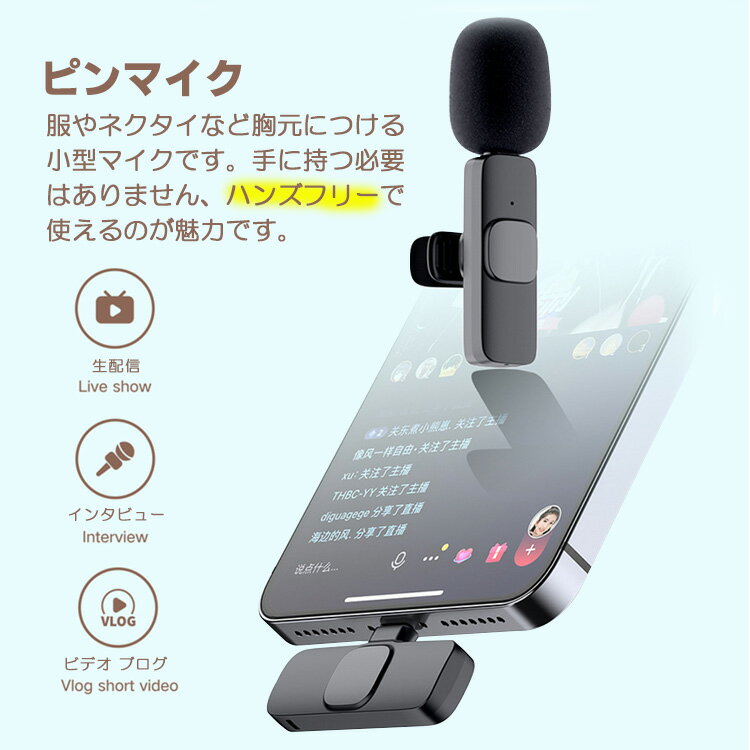 iOS iPad/iPhone ワイヤレスマイクロホン プラグ プレイ APP不要 外付けマイク ステレオミニ クリップマイク 充電式 録音 会議 高音質 無線 超軽量 音遅延なし コンデンサーマイク ツアーガイド 講演会 収録 授業 プレゼン 司会 ライブのイベントに TYPE-Cマイクロホン