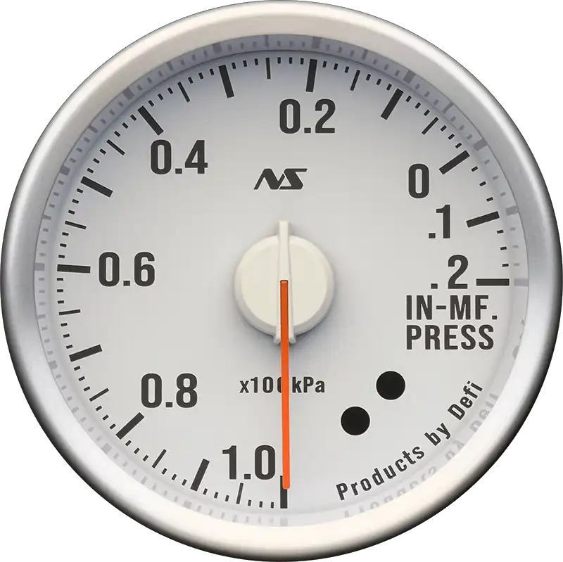 インマニ計 （表示範囲：-100kPa～+20kPa） Defi-Link Meter ADVANCE RSII(アールエスセカンド)はDefi-LinkアドバンスコントロールユニットSEまたはアドバンスコントロールユニットに接続して使用するリンクメーターです。 RSIIメーターは、昼間は文字板の印刷、夜間は照明を後ろから透過させて文字や目盛りを表現するメーターです。 ご使用の際は別売りのDefi-Link ADVANCE Control Unit(デフィリンク アドバンスコントロールユニット)が必要です。 ターボ計/インマニ計・油圧計・燃圧計・油温計・水温計・排気温度計・タコメーターがあり、それぞれに白文字板、黒文字板があります。また、サイズはΦ52mmとΦ60mmがあります(タコメーターはΦ60のみ)。 白文字板の夜間照明は80sグリーンまたは90sレッドの2色、黒文字板の夜間照明は80sグリーンまたは70sホワイトの2色があります。　※色の切り替え機能はありません 1台のADVANCEコントロールユニットに最大7台までメーターを接続することができます。　