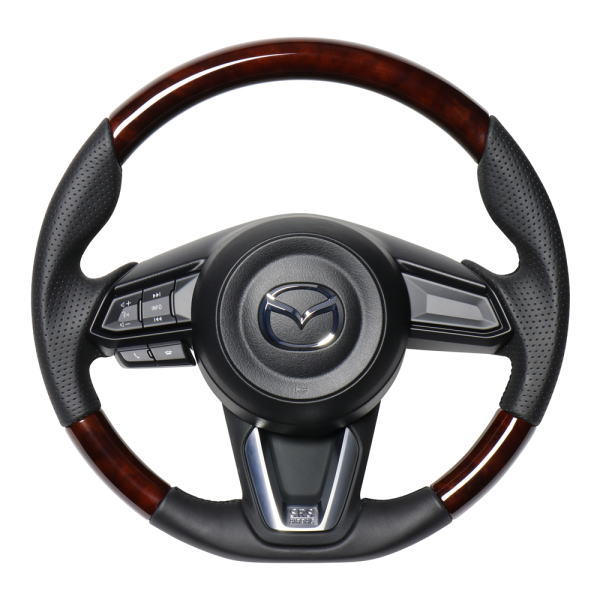 REAL レアル MZD-BRW-BK ステアリング ソフトDシェイプ ブラウンウッド ブラックユーロステッチ CX-8 (KG) 、CX-5 (KF)、CX-3 (DK:後期)、アクセラ (BM:後期/BY:後期)、デミオ (DJ:後期)